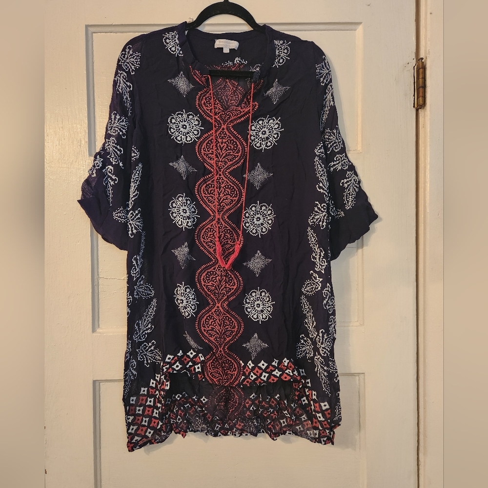 World Market Tunic /  Swim Cover Up, Sheer Black Red Floral L/ XL EUC Resortwear